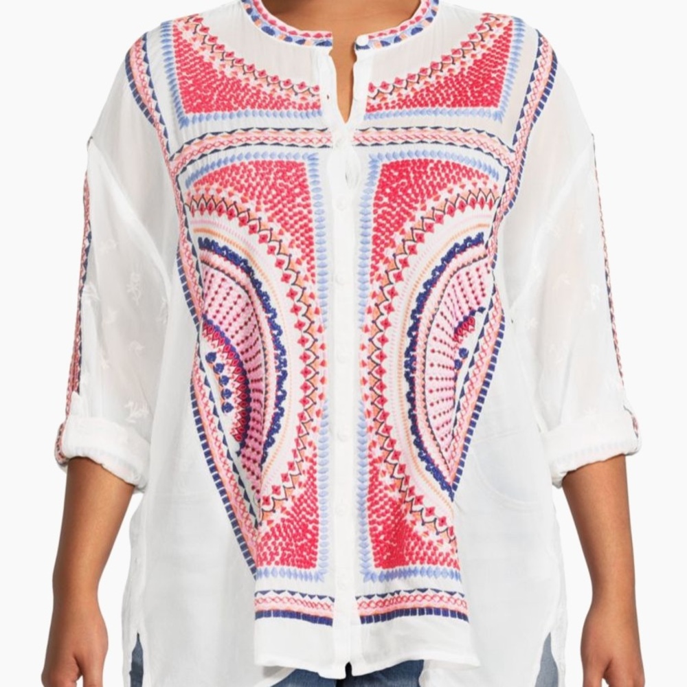 Johnny Was Pink and White Graphic Tunic with 3/4 Sleeves